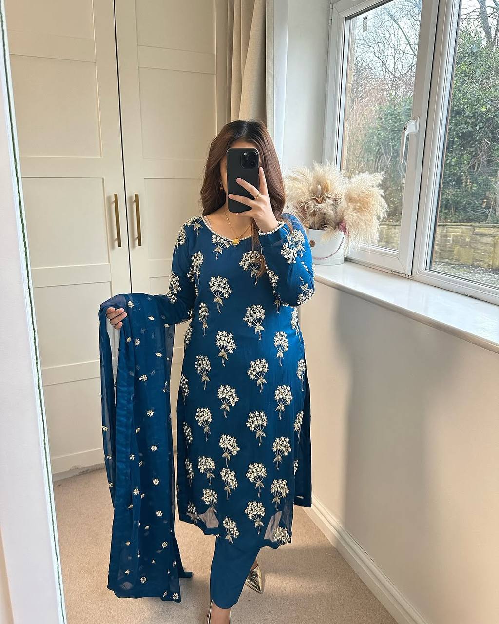 "Elegant Heavy Chinon Long Top with Embroidered Dupatta & Stitched Pant Set"