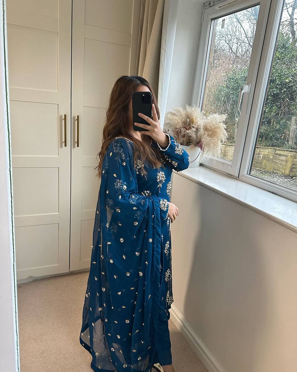 "Elegant Heavy Chinon Long Top with Embroidered Dupatta & Stitched Pant Set"