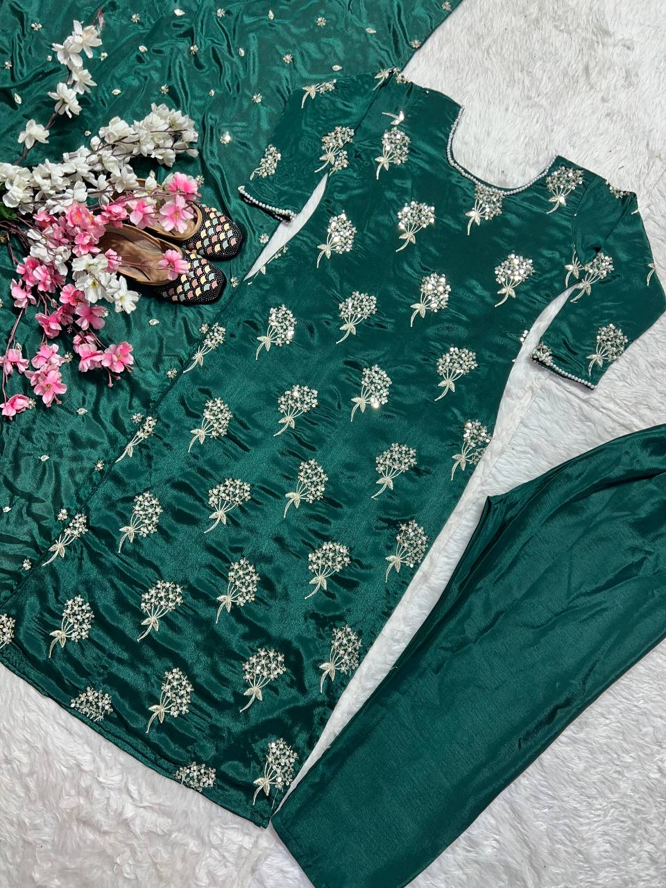 "Elegant Heavy Chinon Long Top with Embroidered Dupatta & Stitched Pant Set"