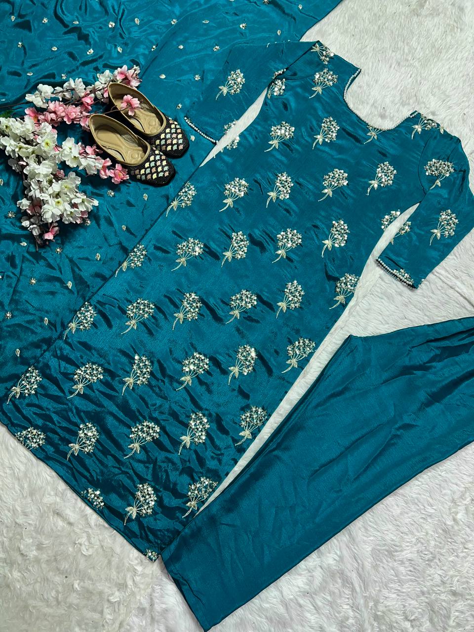 "Elegant Heavy Chinon Long Top with Embroidered Dupatta & Stitched Pant Set"