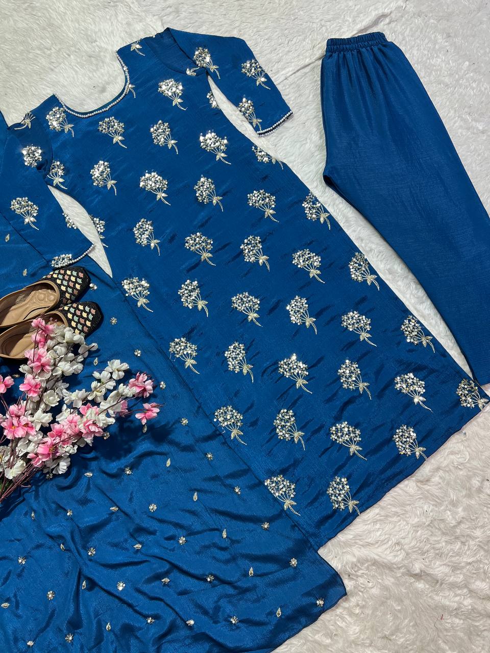 "Elegant Heavy Chinon Long Top with Embroidered Dupatta & Stitched Pant Set"