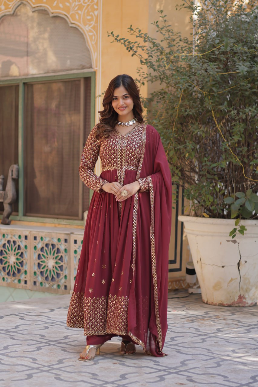 "Elegant Faux Georgette Embroidered 3-Piece Set with Sequins Work"