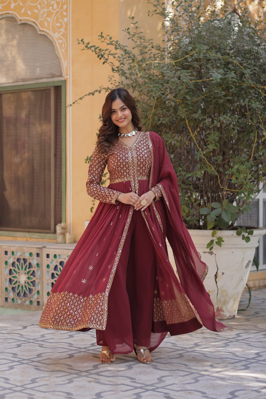 "Elegant Faux Georgette Embroidered 3-Piece Set with Sequins Work"