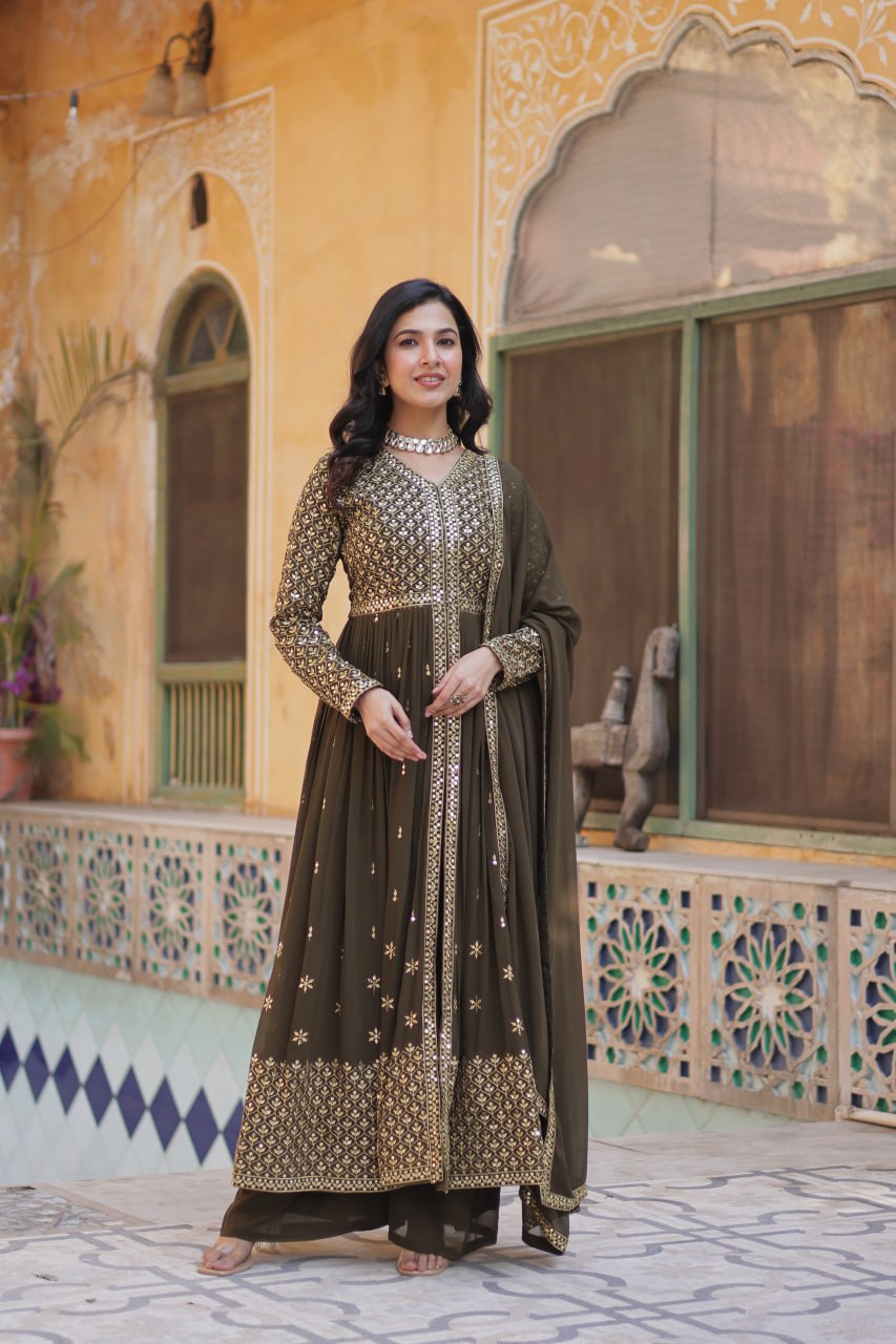 "Elegant Faux Georgette Embroidered 3-Piece Set with Sequins Work"