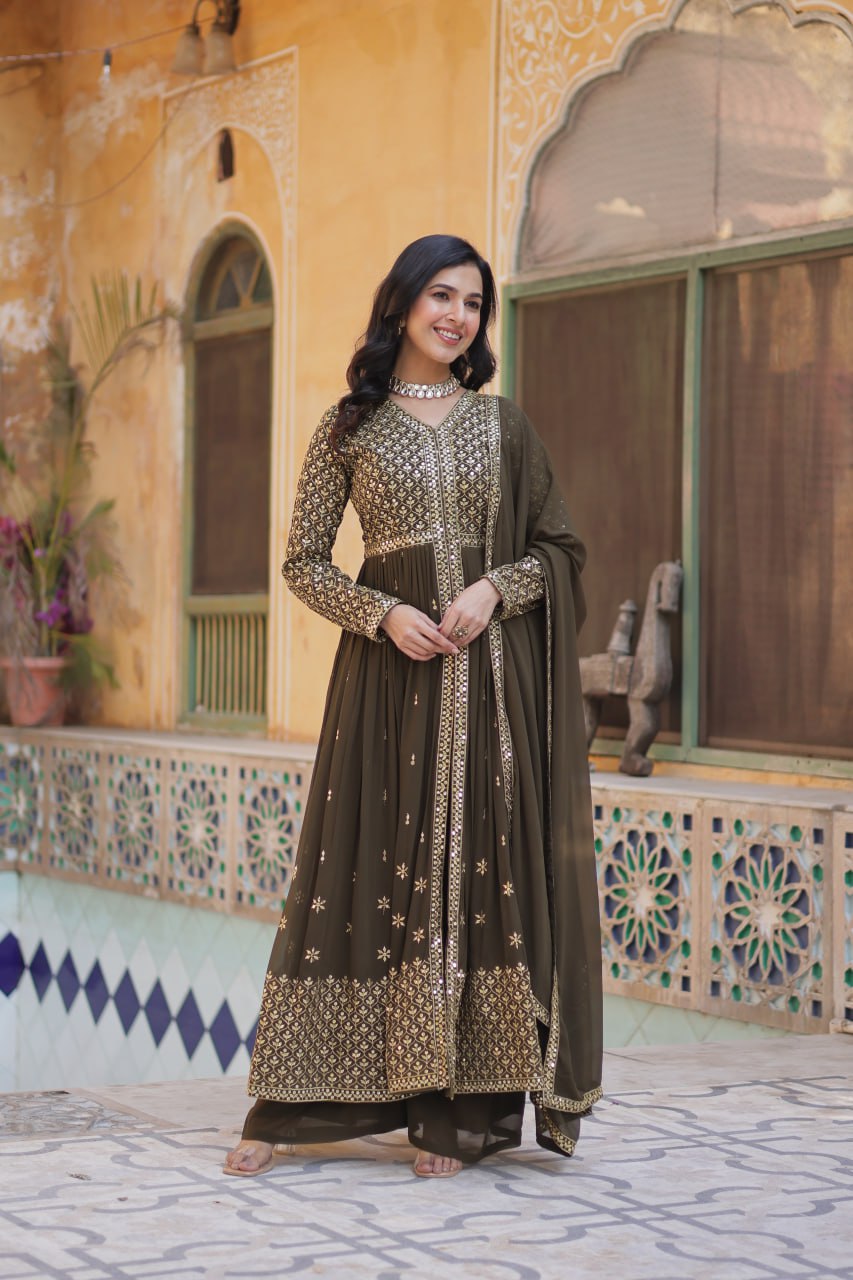 "Elegant Faux Georgette Embroidered 3-Piece Set with Sequins Work"