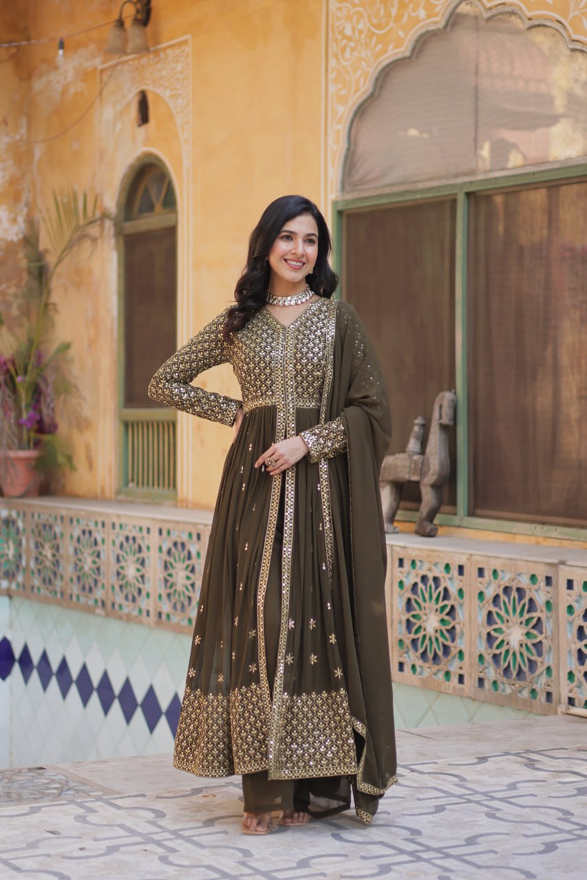 "Elegant Faux Georgette Embroidered 3-Piece Set with Sequins Work"