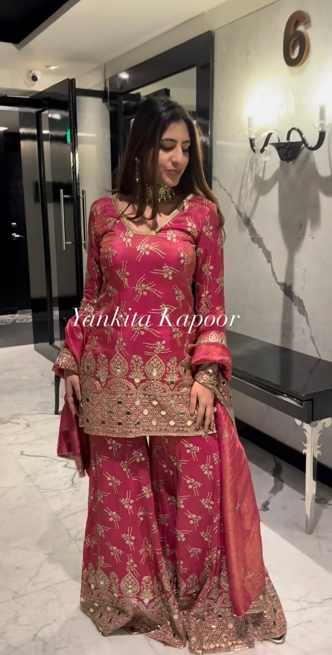 "Elegance Redefined: Heavy Simmer Silk Sharara Set with Embroidery Sequence Work"