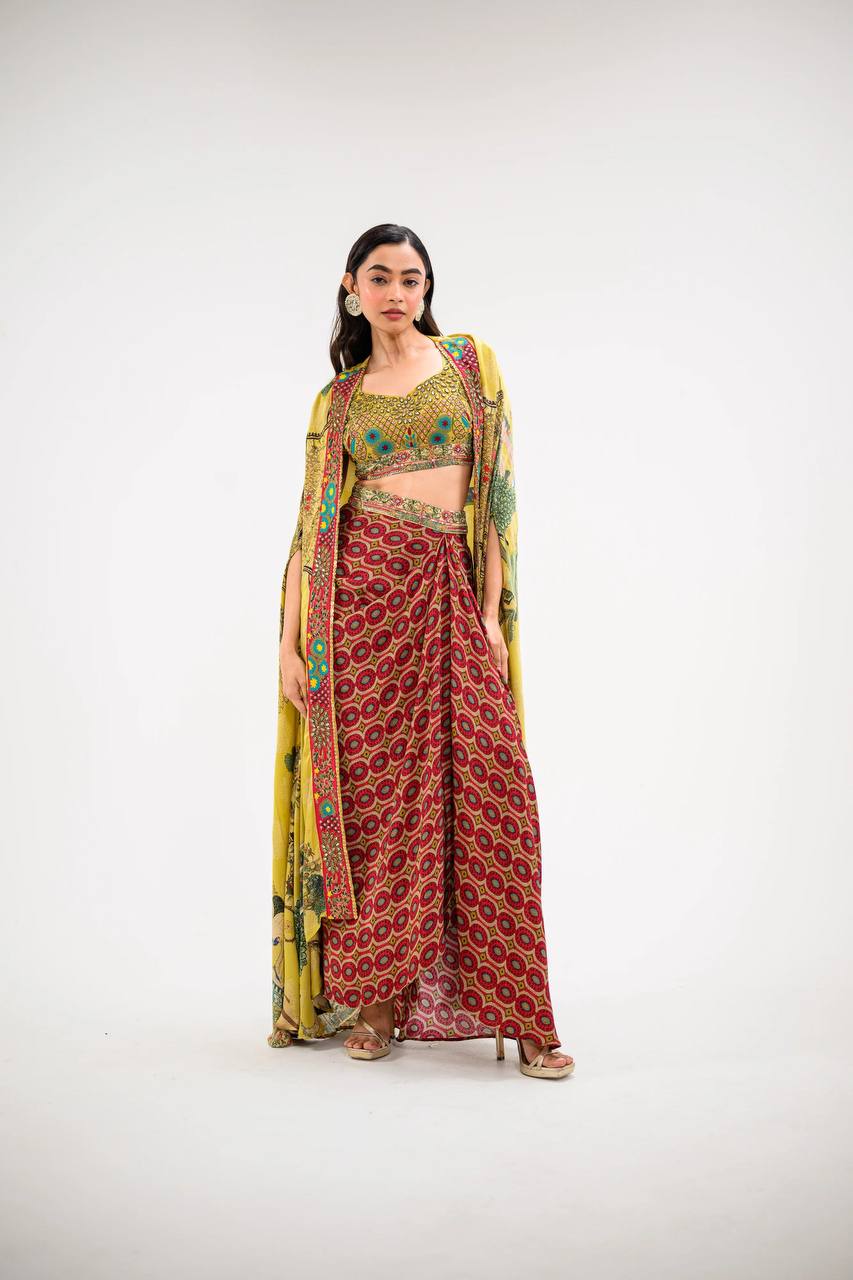"Elegant Malai Sartin Tube Blouse, Dhoti & Shrug Set with Mirror Work"