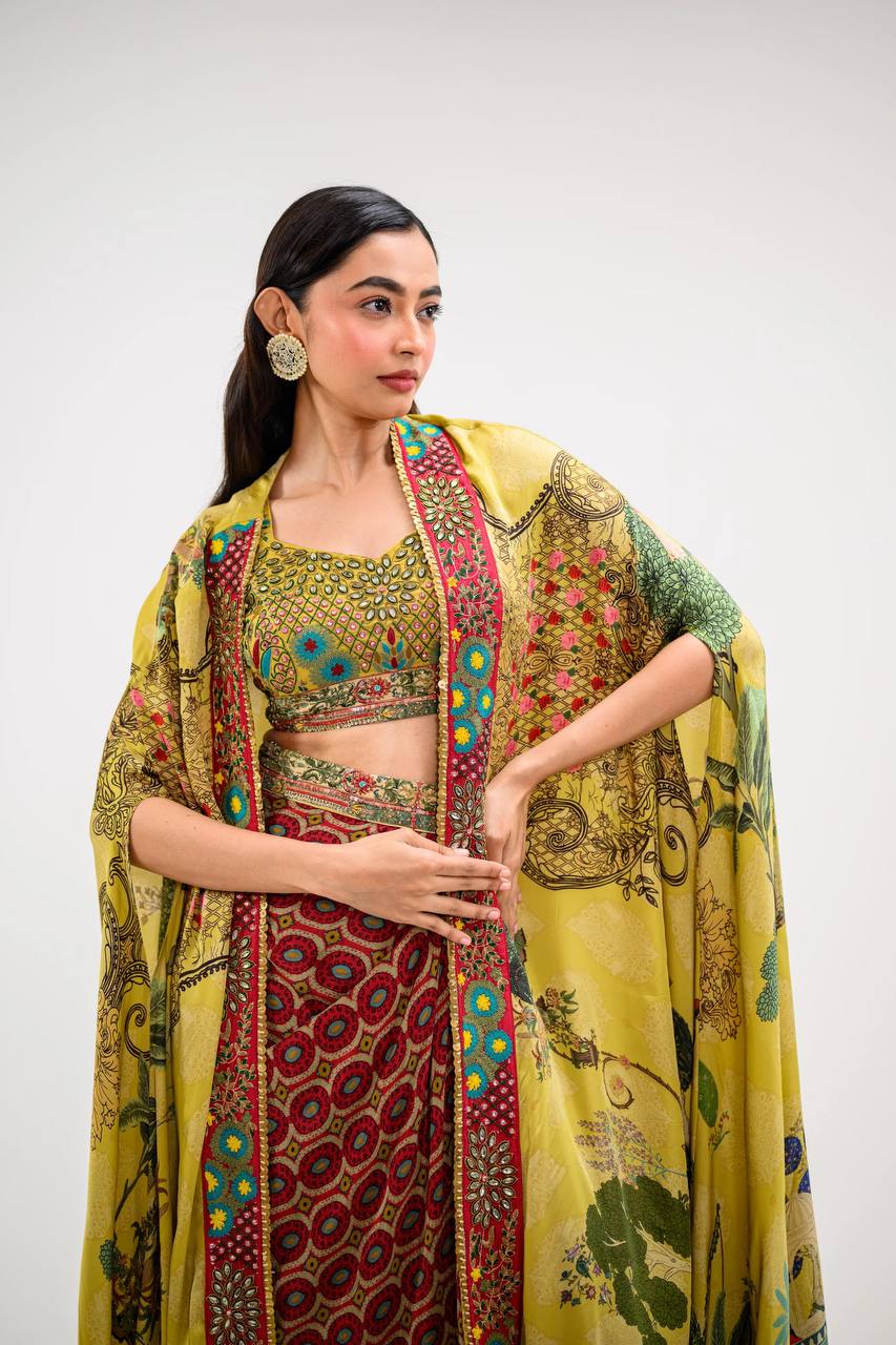 "Elegant Malai Sartin Tube Blouse, Dhoti & Shrug Set with Mirror Work"