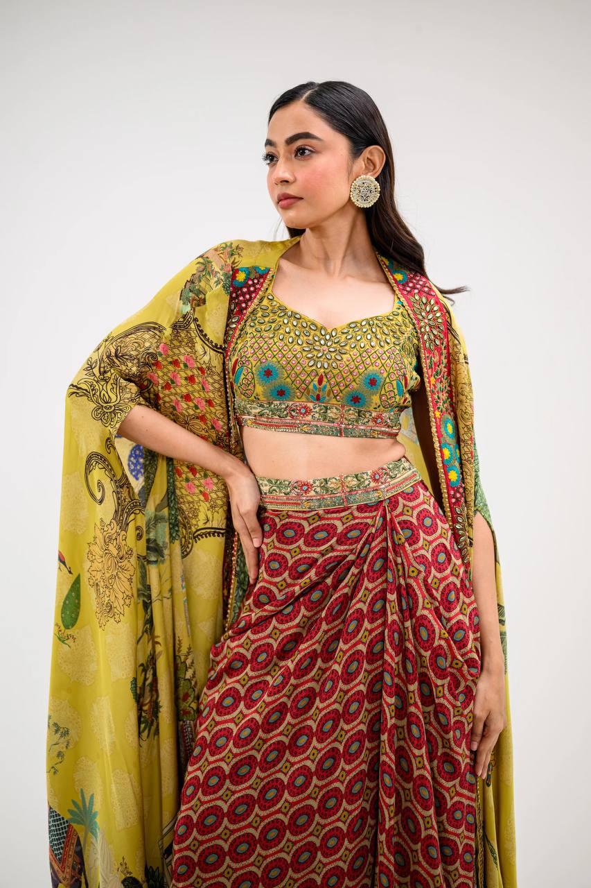 "Elegant Malai Sartin Tube Blouse, Dhoti & Shrug Set with Mirror Work"