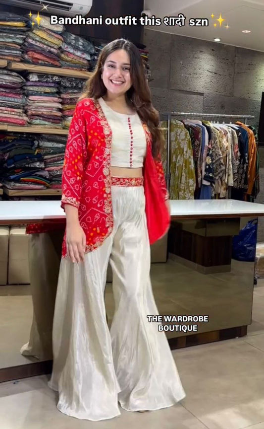 "Elegant Chinon Plazzo Set with Embroidered Koti & Silk Inner"