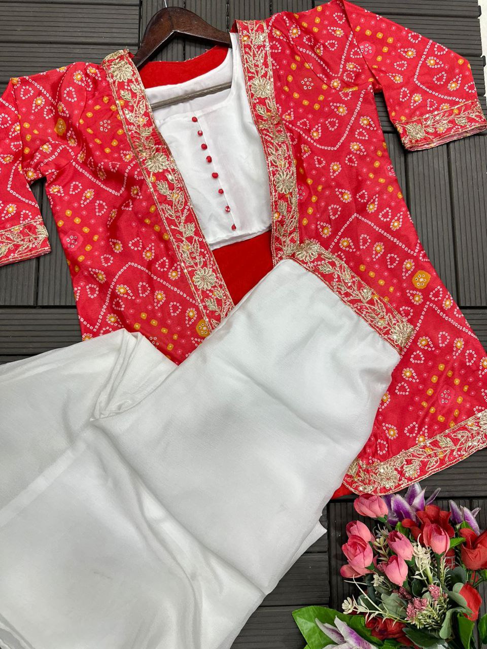 "Elegant Chinon Plazzo Set with Embroidered Koti & Silk Inner"