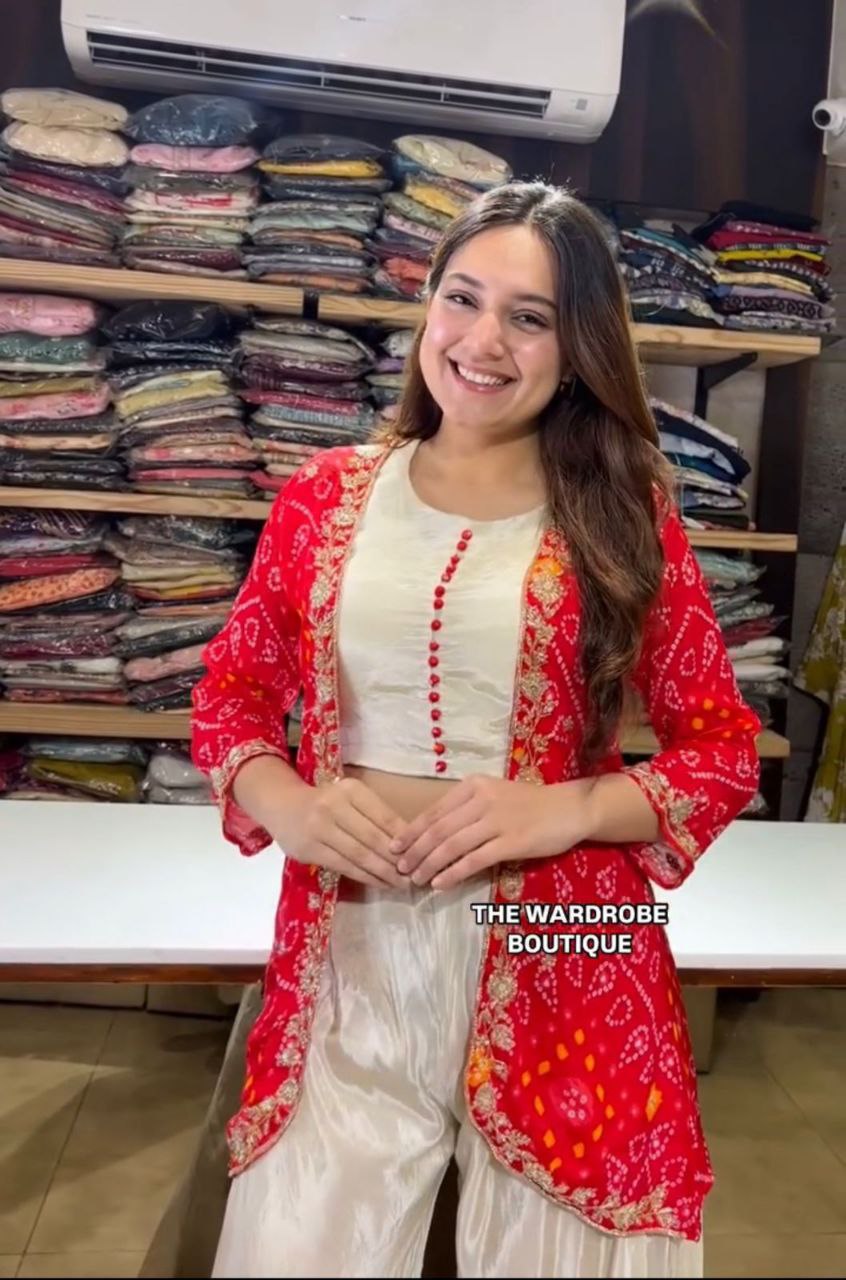 "Elegant Chinon Plazzo Set with Embroidered Koti & Silk Inner"