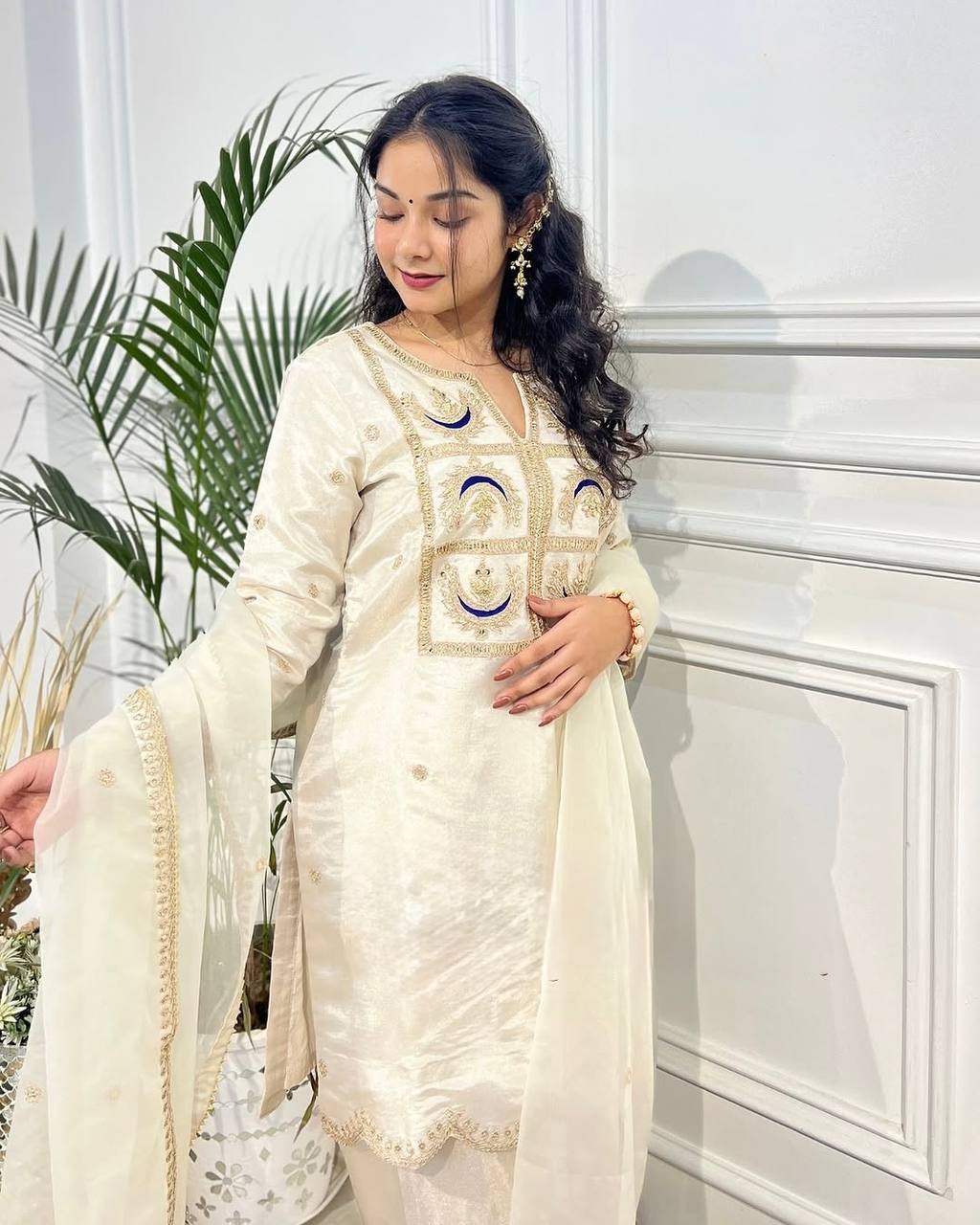 "Elegant Heavy Vichitra Silk Set with Embroidered Sequence Work – Fully Stitched Top, Bottom & Dupatta"