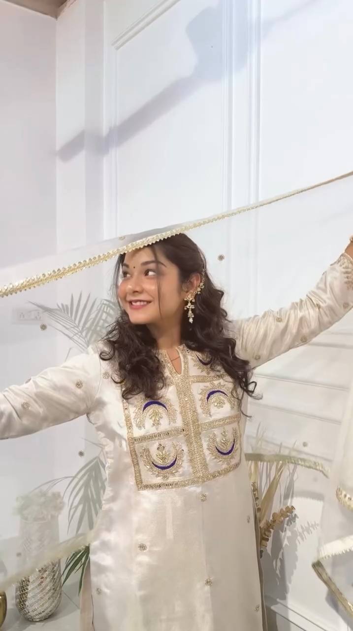 "Elegant Heavy Vichitra Silk Set with Embroidered Sequence Work – Fully Stitched Top, Bottom & Dupatta"