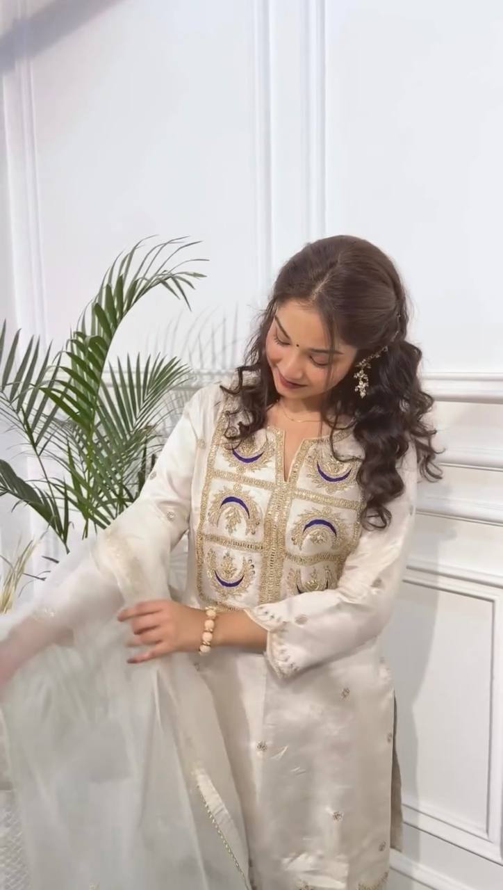 "Elegant Heavy Vichitra Silk Set with Embroidered Sequence Work – Fully Stitched Top, Bottom & Dupatta"