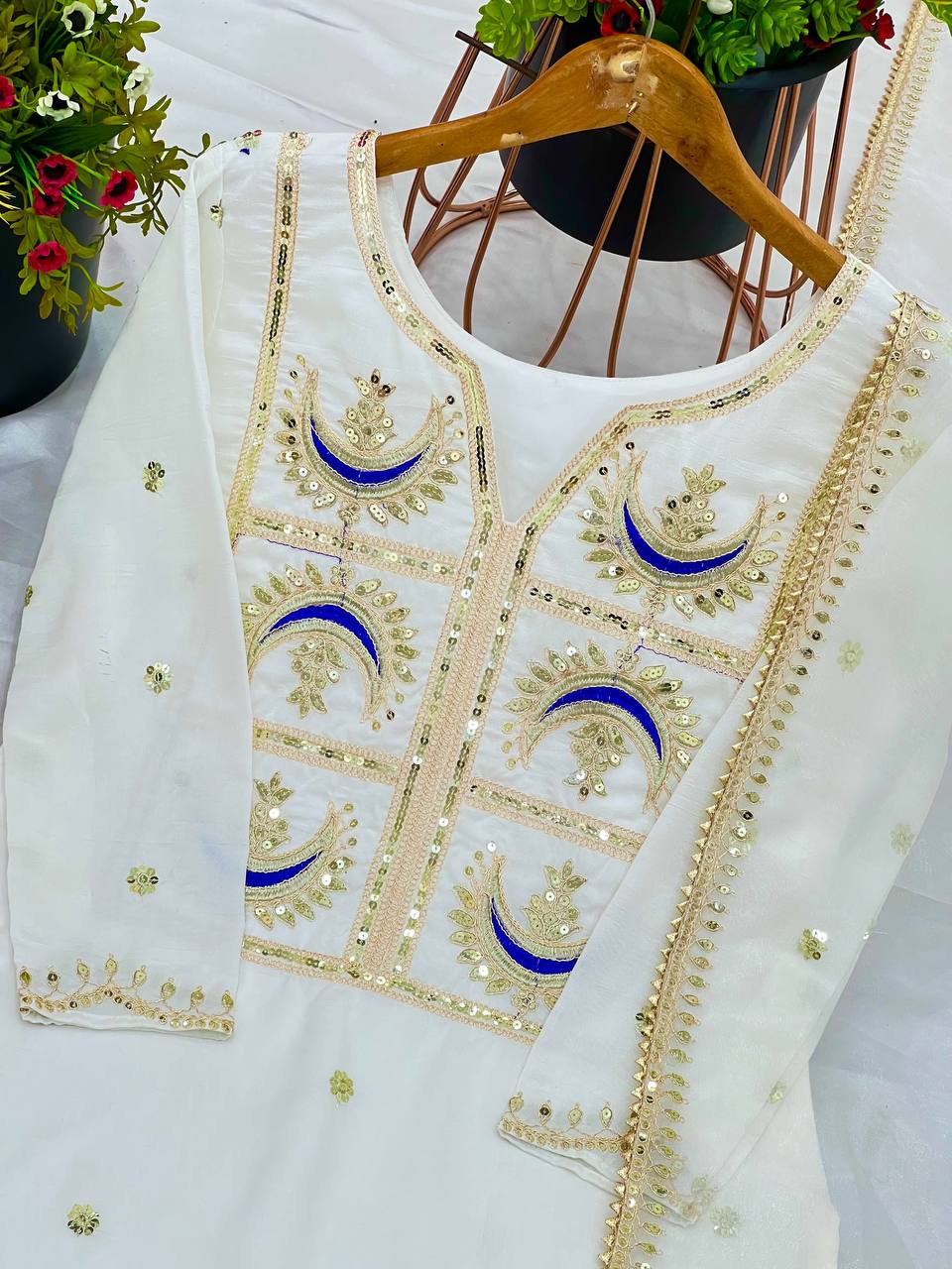 "Elegant Heavy Vichitra Silk Set with Embroidered Sequence Work – Fully Stitched Top, Bottom & Dupatta"