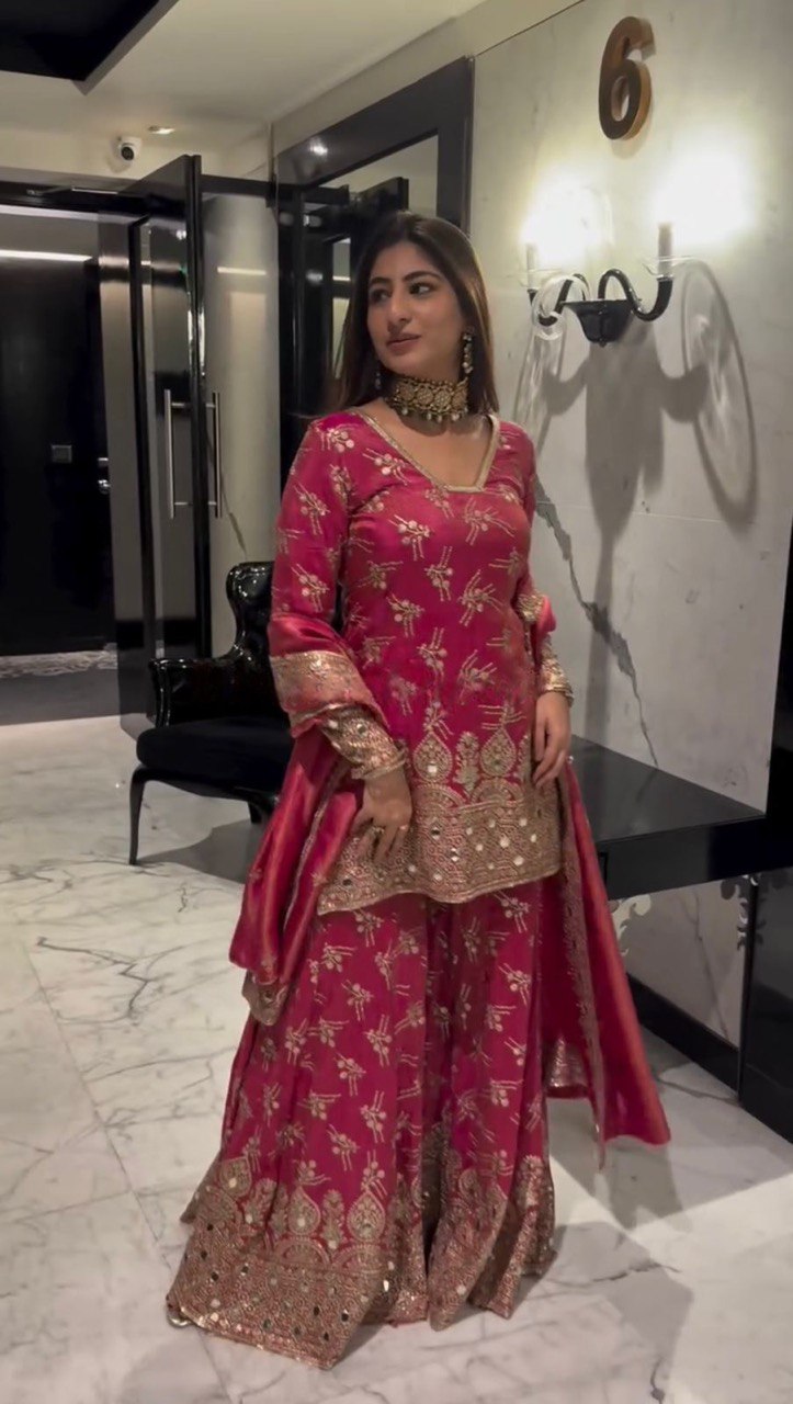 "Elegance in Silk: Mirror Work Sharara Set with Thread & Sequence Detailing"