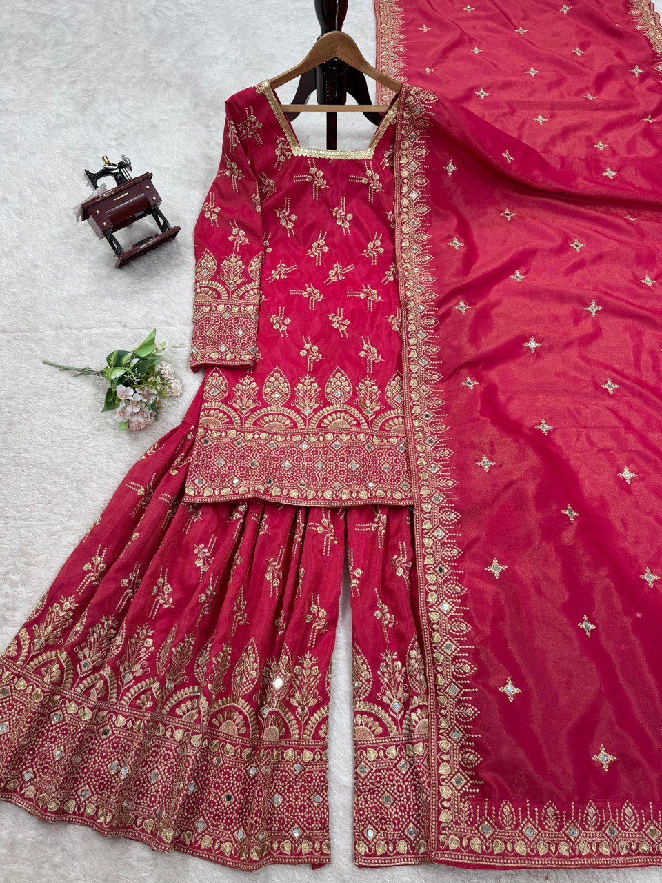 "Elegance in Silk: Mirror Work Sharara Set with Thread & Sequence Detailing"