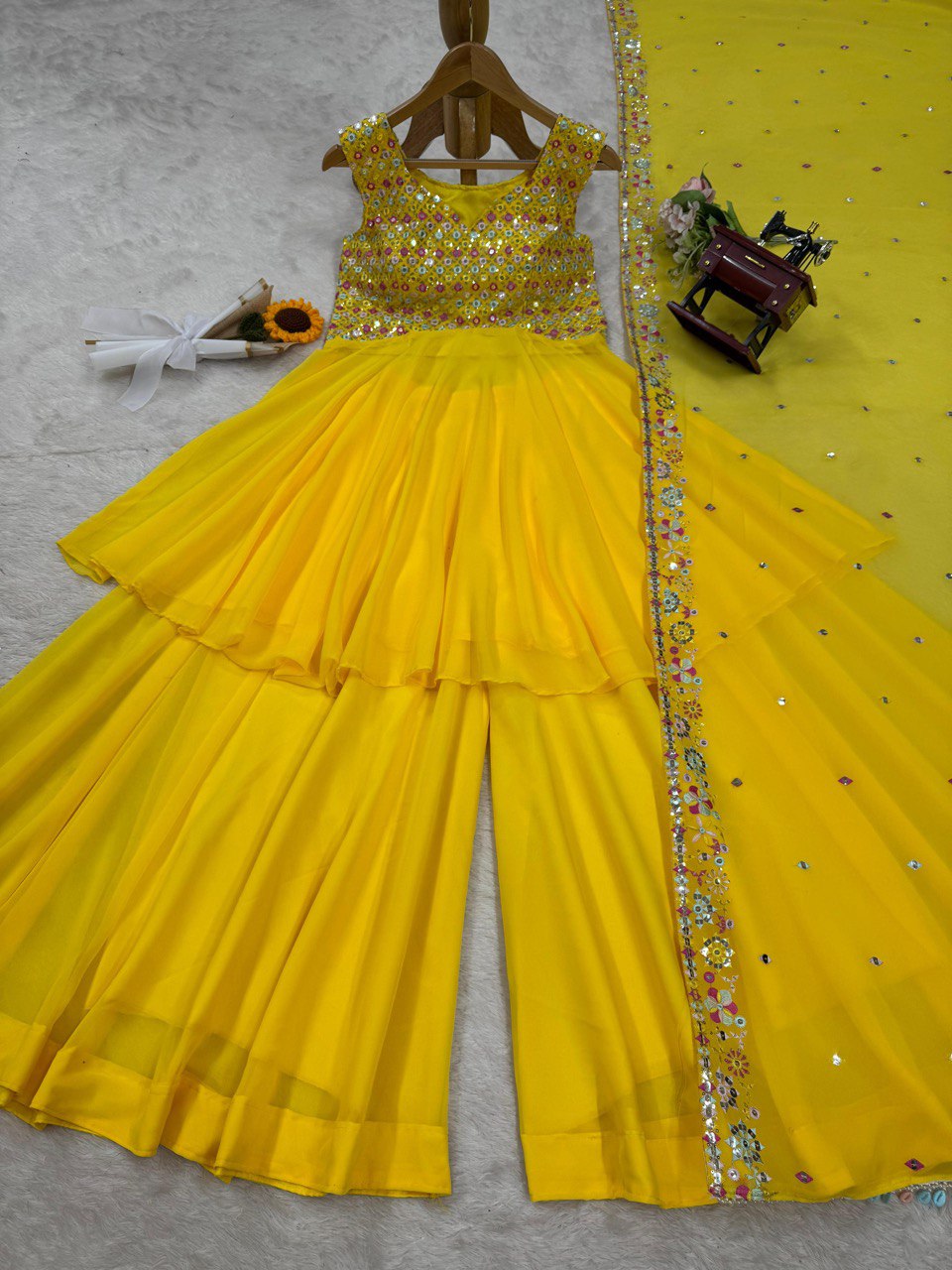 "Elegant Foux Gorgette Ensemble with Thread Work & Sequence Detailing"