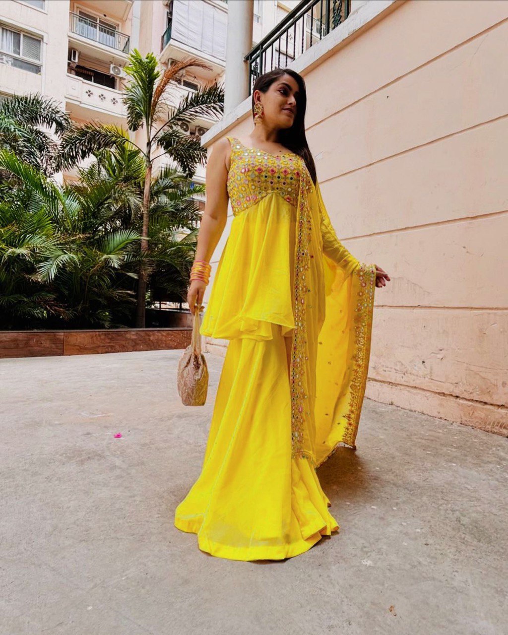 "Elegant Foux Gorgette Ensemble with Thread Work & Sequence Detailing"