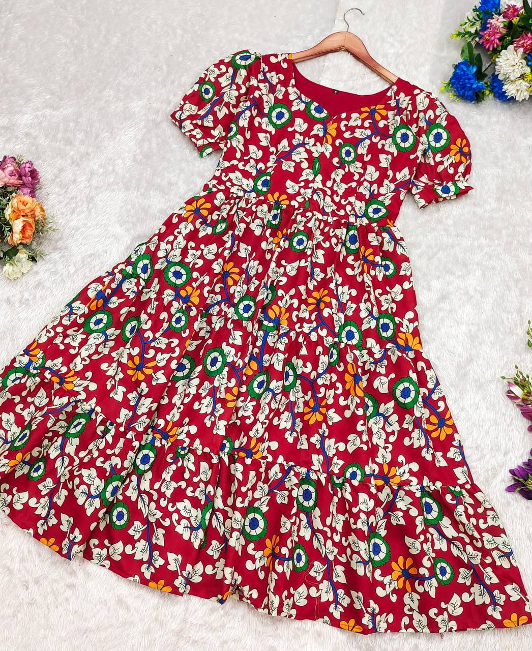 "Elegant Kalamkari Print Cotton Dress - Feeding Friendly, Soft & Flowy!"