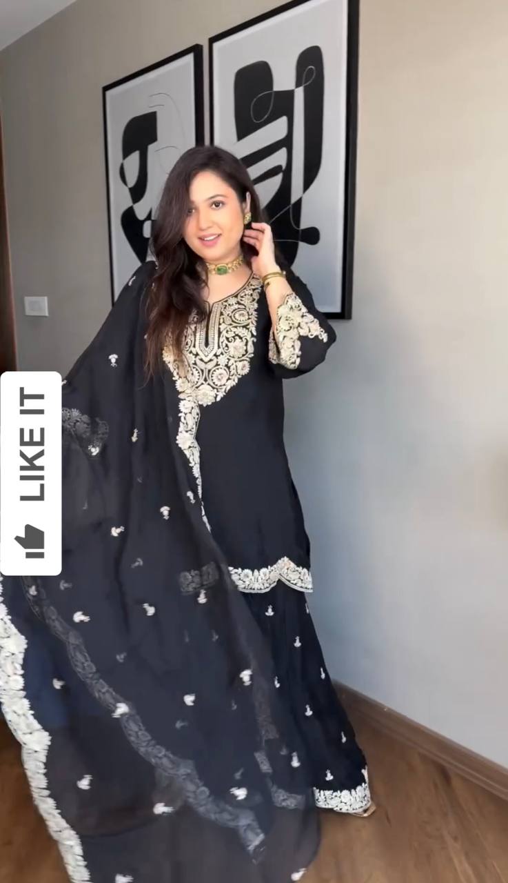 "Elegance Redefined: Pure Chinnon Silk Embroidered Top, Plazzo & Dupatta Set"