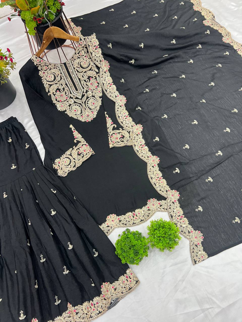 "Elegance Redefined: Pure Chinnon Silk Embroidered Top, Plazzo & Dupatta Set"