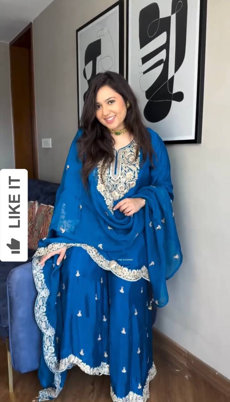 "Elegance Redefined: Pure Chinnon Silk Embroidered Top, Plazzo & Dupatta Set"