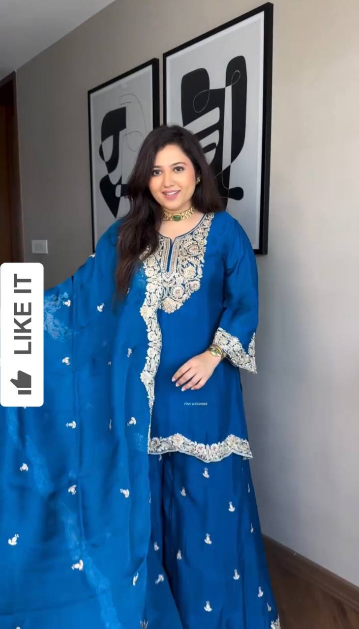 "Elegance Redefined: Pure Chinnon Silk Embroidered Top, Plazzo & Dupatta Set"