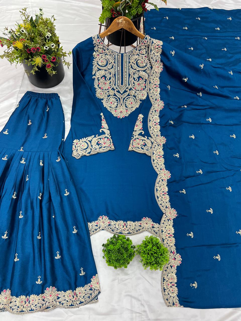 "Elegance Redefined: Pure Chinnon Silk Embroidered Top, Plazzo & Dupatta Set"