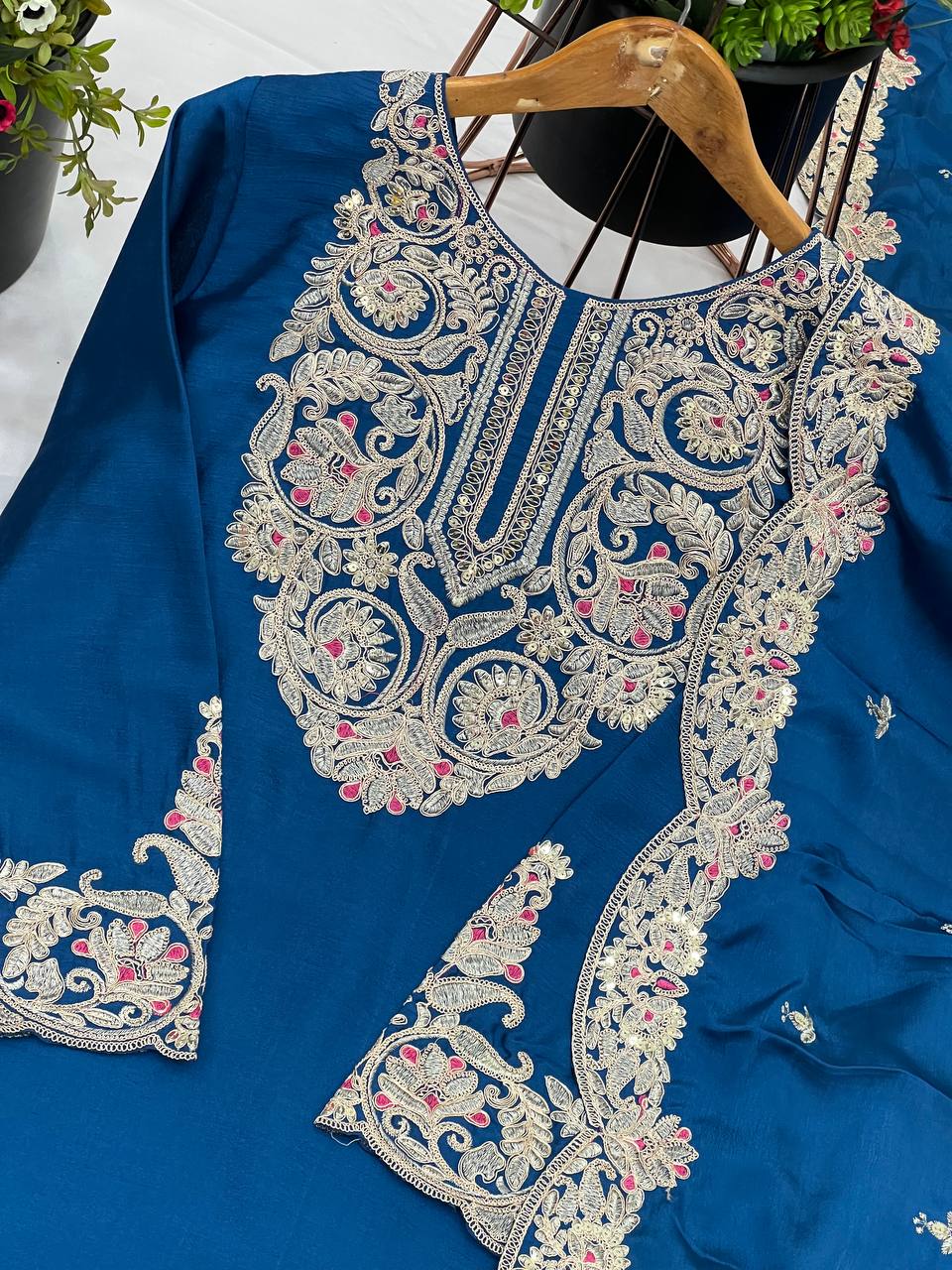"Elegance Redefined: Pure Chinnon Silk Embroidered Top, Plazzo & Dupatta Set"