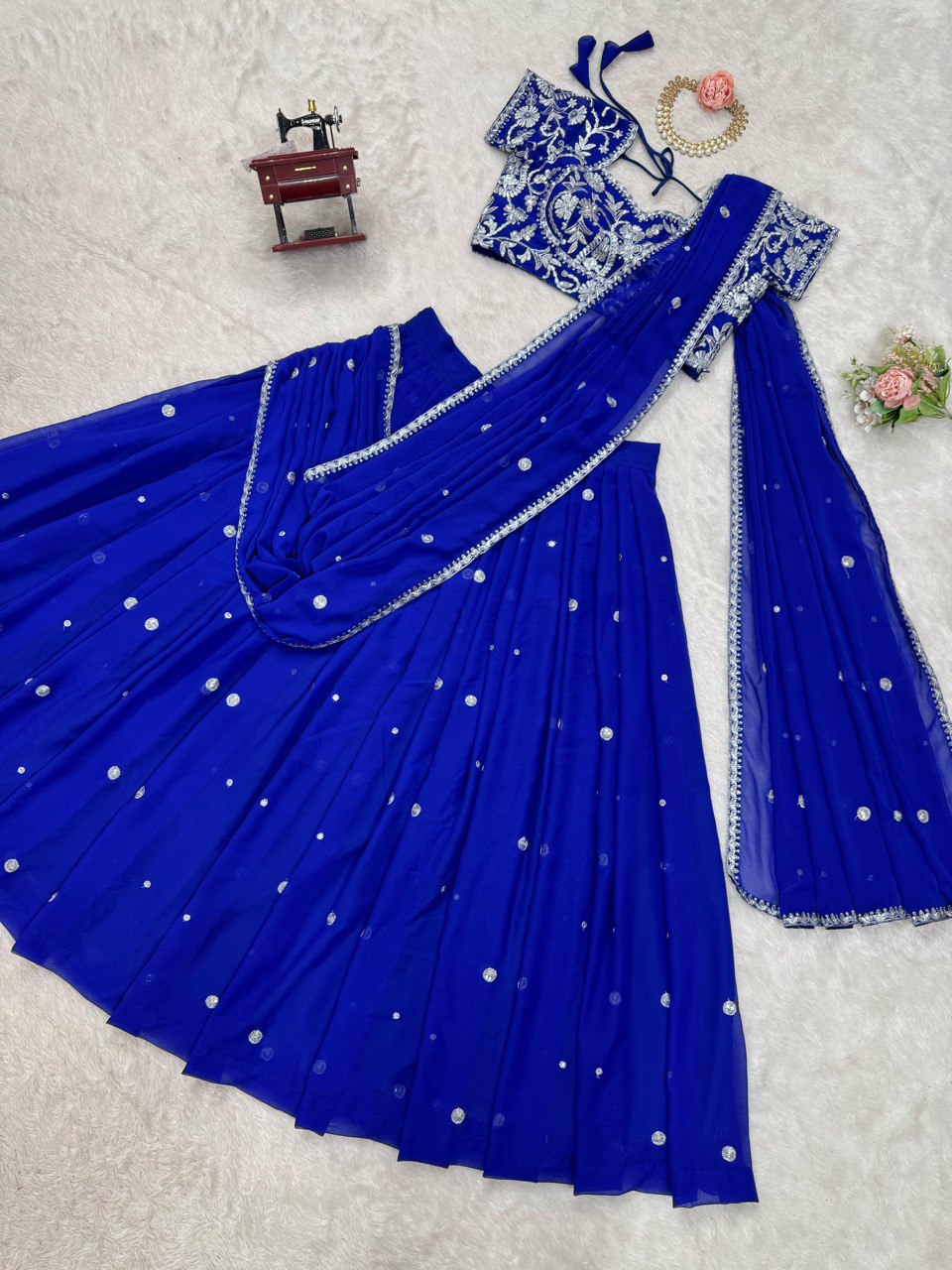 "Elegant Faux Georgette Lehenga Saree & Choli Set with Sequins & Ruffle Style"