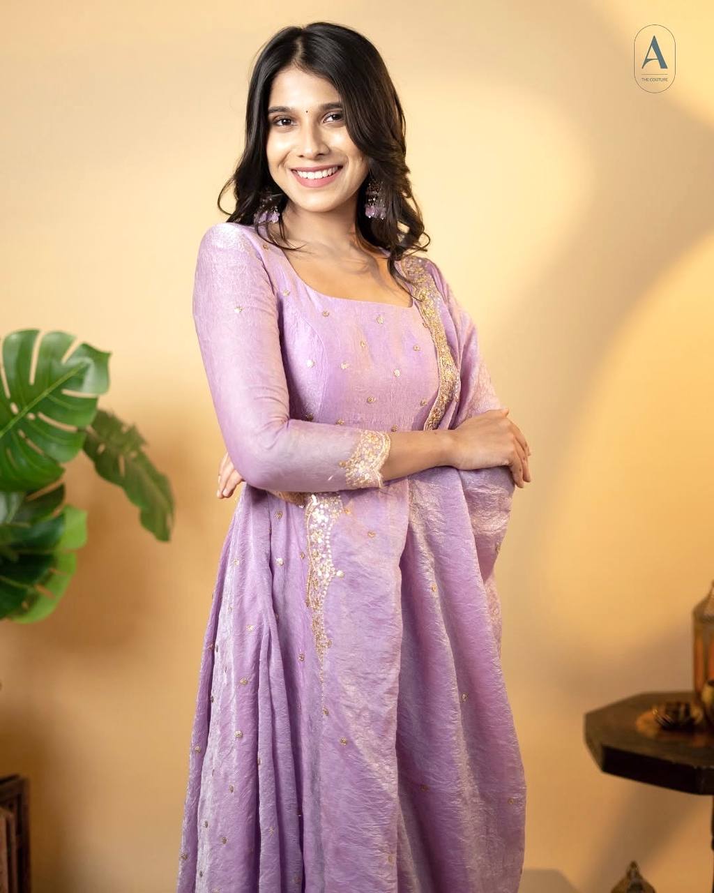 "Beautiful Embroidered Soft Gold Crush Silk Umbrella Gown with Dupatta"