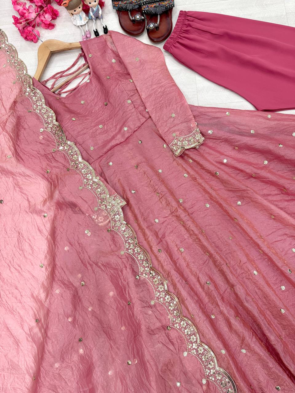 "Beautiful Embroidered Soft Gold Crush Silk Umbrella Gown with Dupatta"