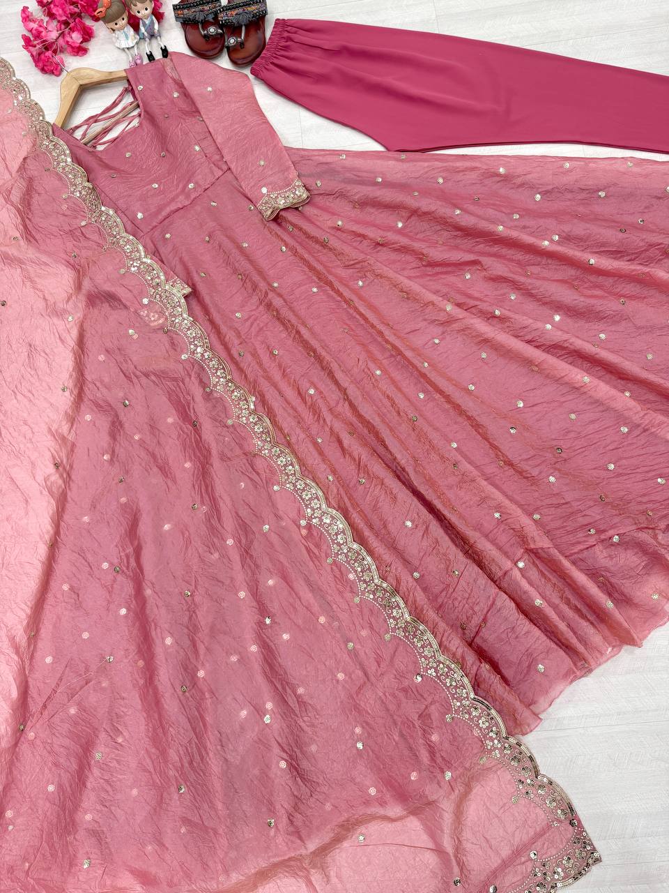 "Beautiful Embroidered Soft Gold Crush Silk Umbrella Gown with Dupatta"