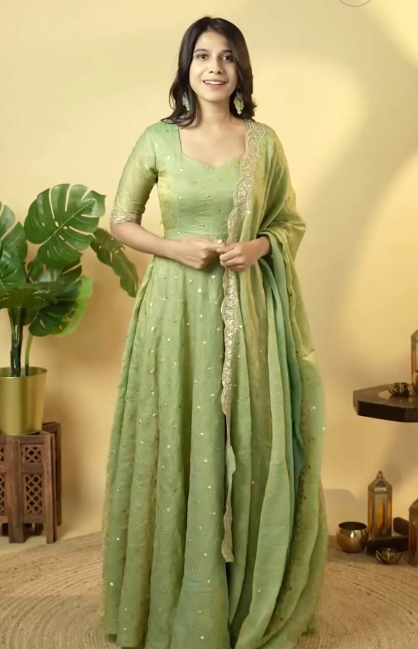 "Beautiful Embroidered Soft Gold Crush Silk Umbrella Gown with Dupatta"