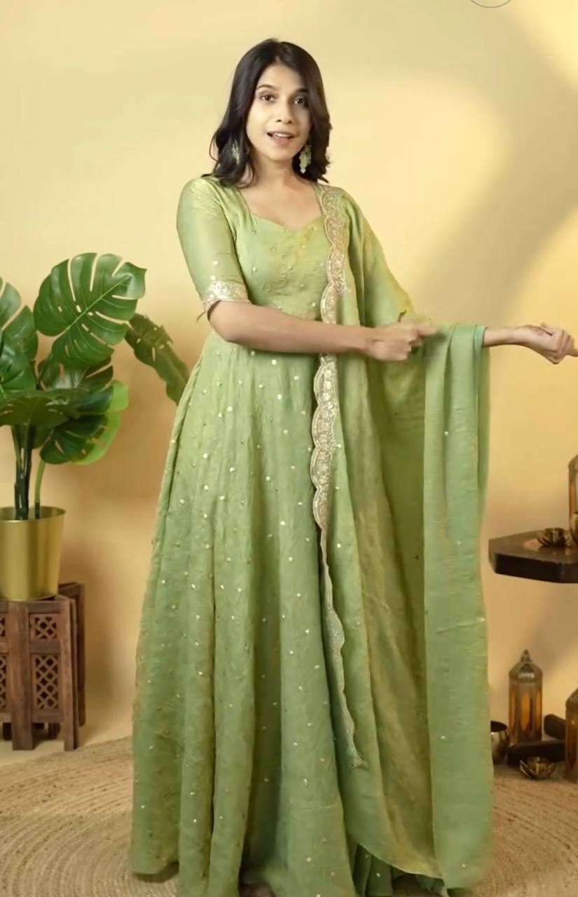 "Beautiful Embroidered Soft Gold Crush Silk Umbrella Gown with Dupatta"