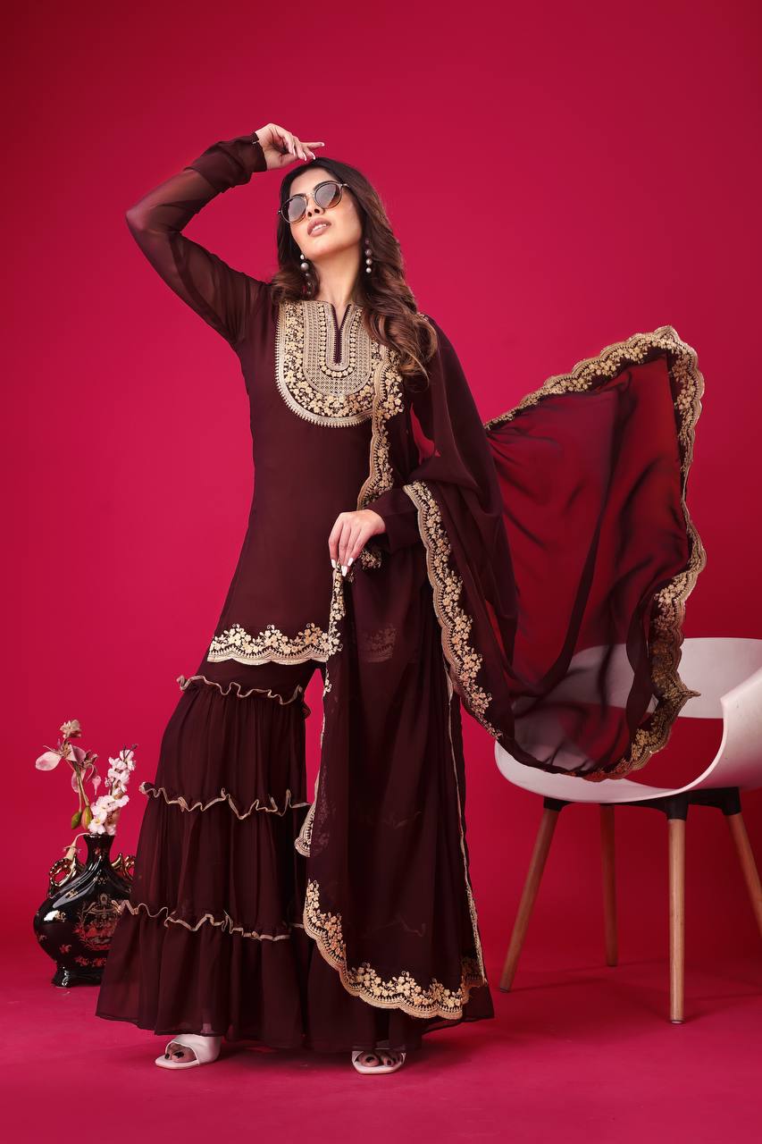 "Elegant Blooming Faux Georgette Set with Heavy Embroidery & Sequence Work"