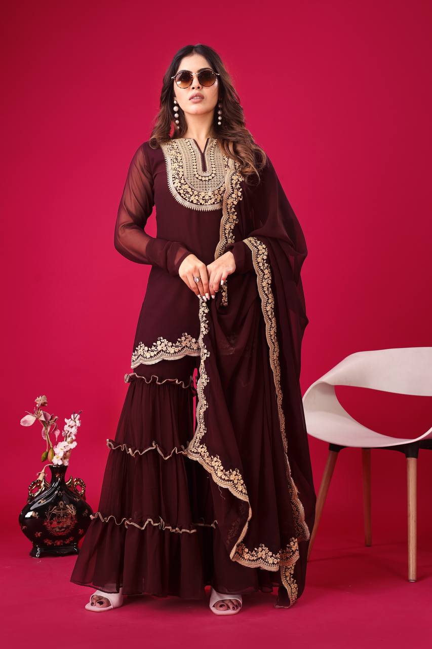 "Elegant Blooming Faux Georgette Set with Heavy Embroidery & Sequence Work"