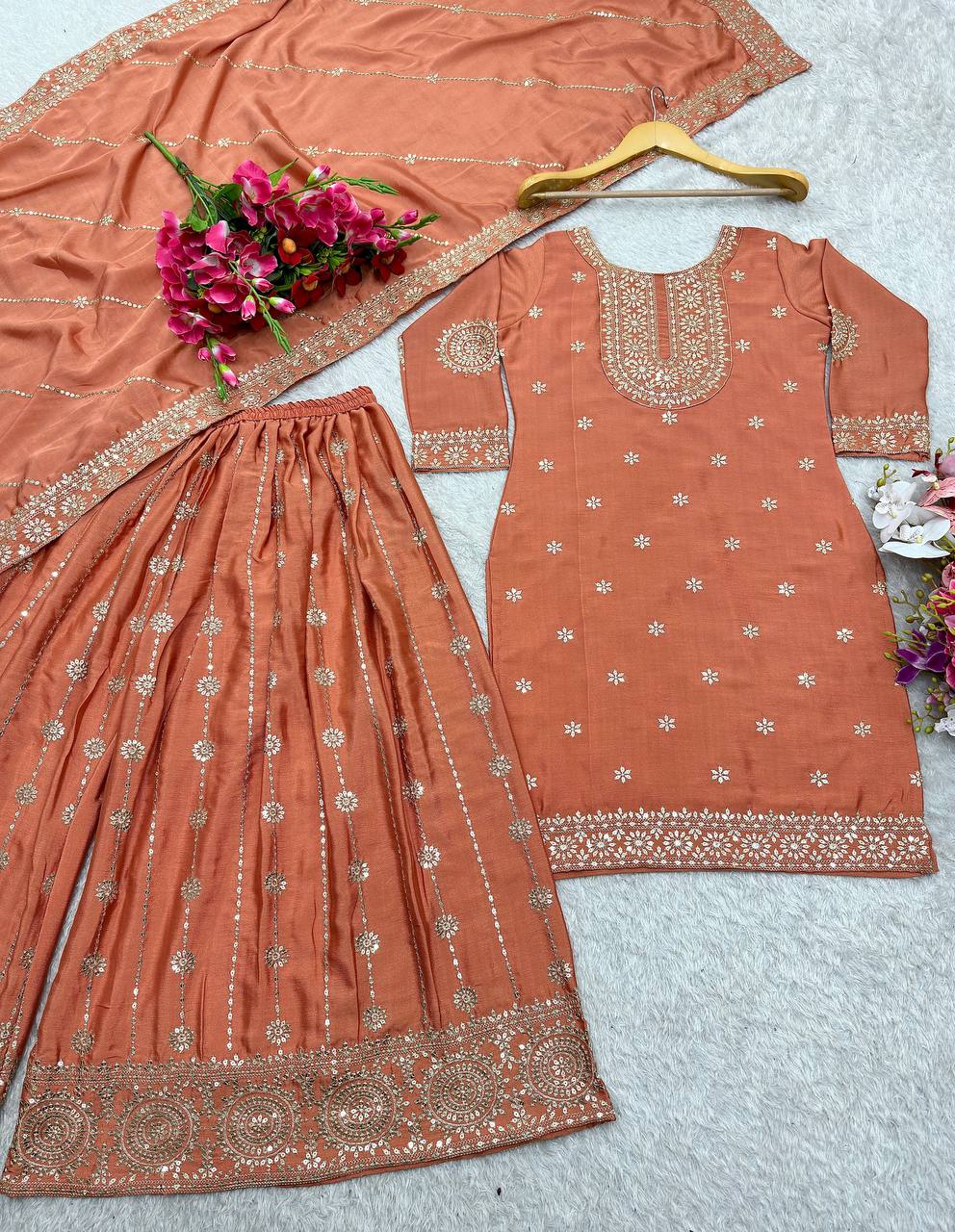 "Elegance in Silk: Embroidered Vichitra Silk Set with Dupatta and Sarara"
