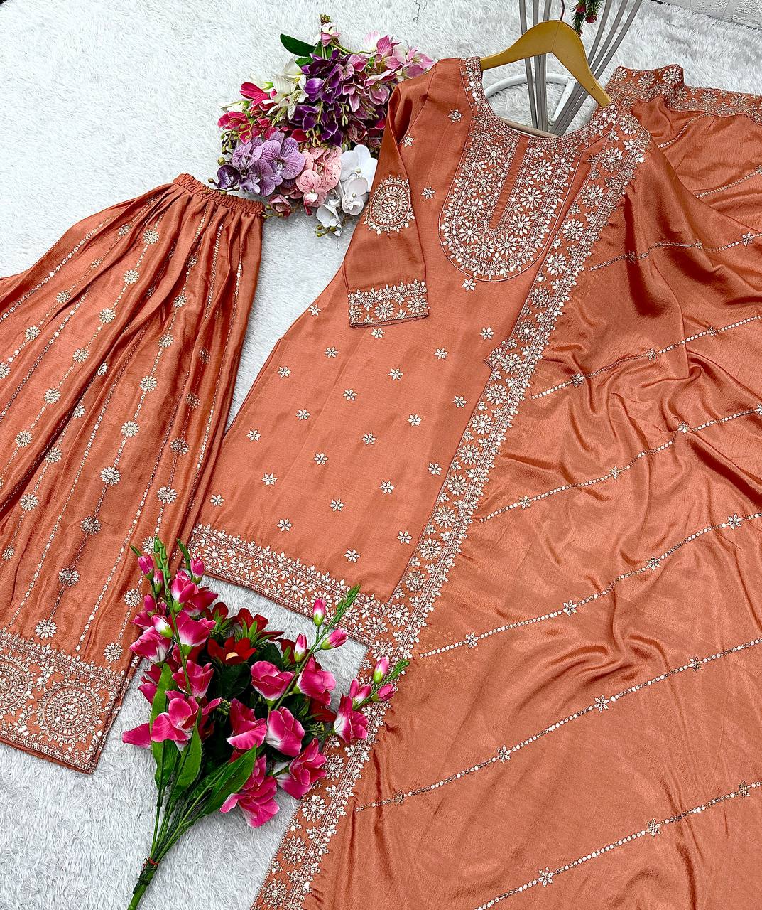 "Elegance in Silk: Embroidered Vichitra Silk Set with Dupatta and Sarara"