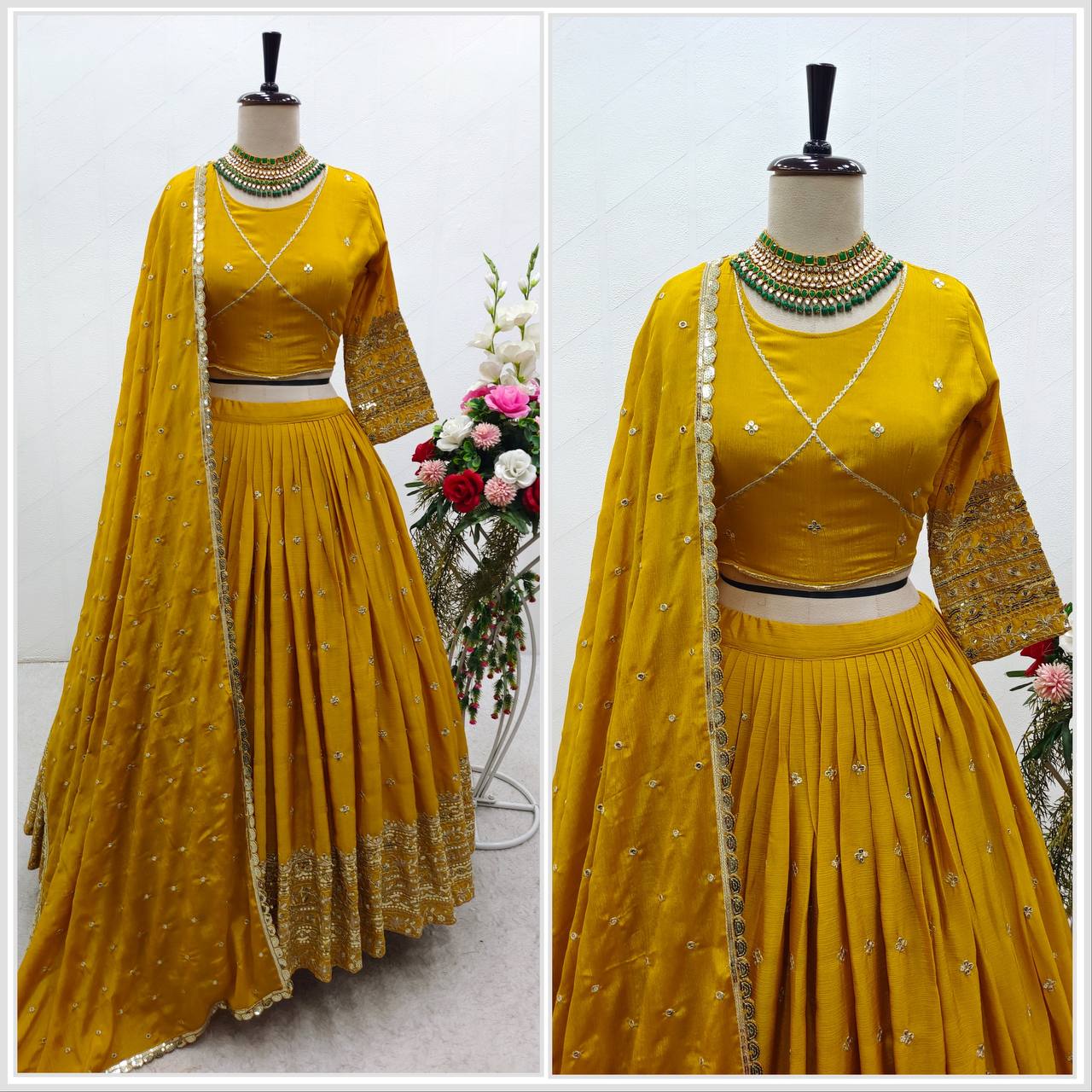 "Elegant Heavy Slub-Satin Silk Lehenga Set with Siqwan Embroidery & Fancy Latkan Dori"