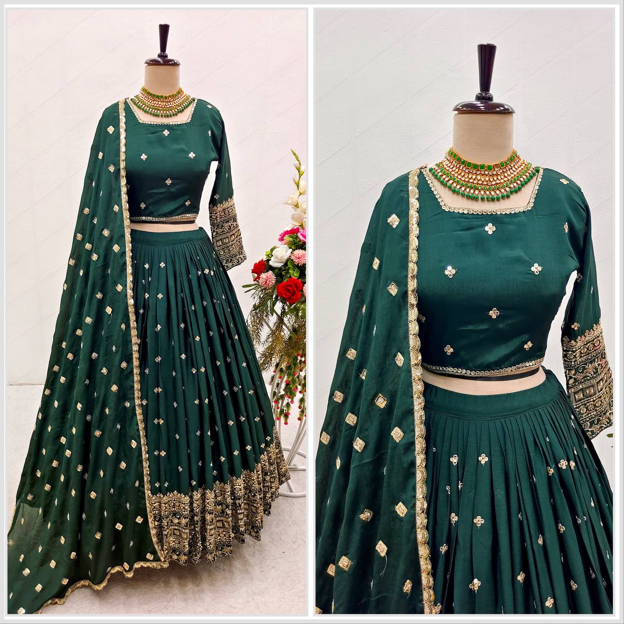 "Elegant Heavy Slub-Satin Silk Lehenga Set with Siqwan Embroidery & Fancy Latkan Dori"