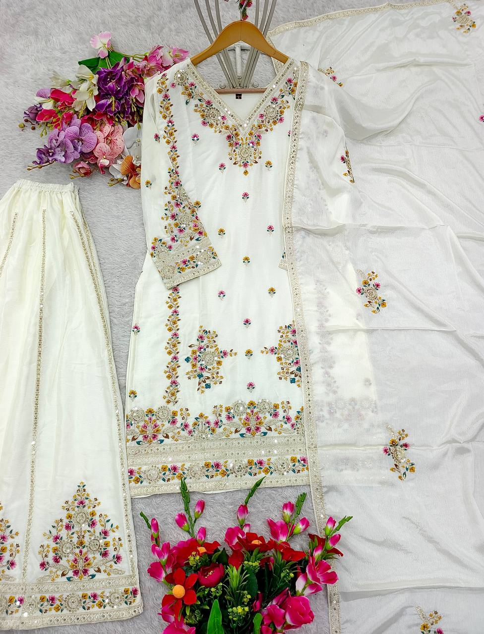 "Elegant Cinon Silk Embroidered Top, Sarara, and Dupatta Set β Fully Stitched, Ready to Wear"