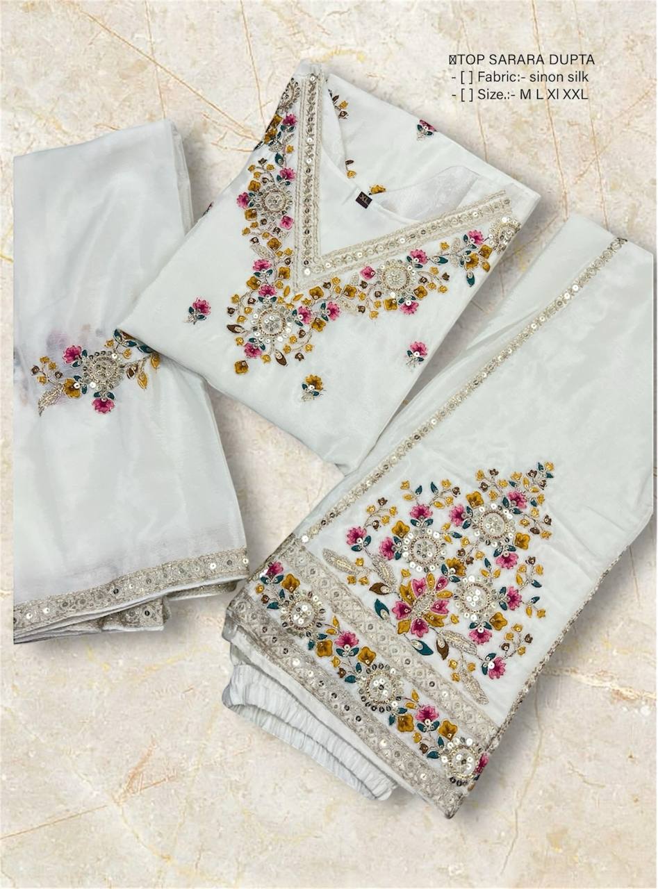 "Elegant Cinon Silk Embroidered Top, Sarara, and Dupatta Set β Fully Stitched, Ready to Wear"