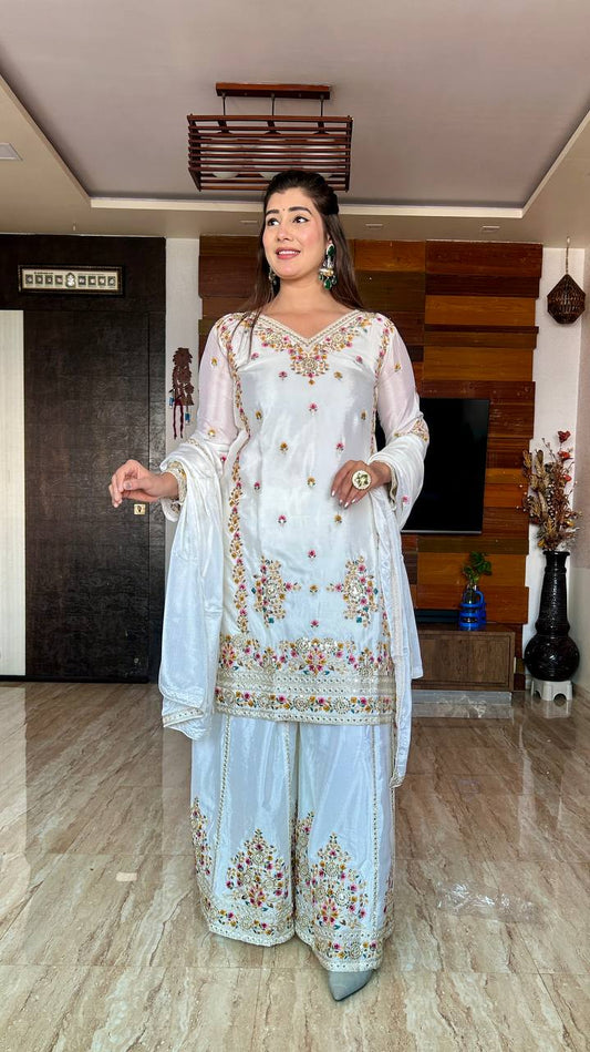 "Elegant Cinon Silk Embroidered Top, Sarara, and Dupatta Set – Fully Stitched, Ready to Wear"