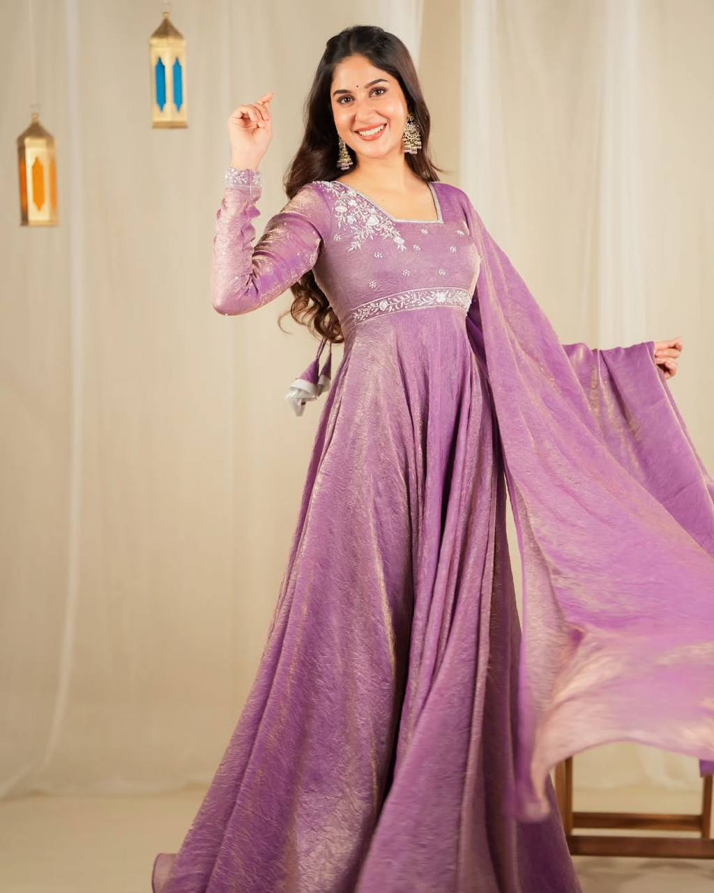 "Elegant Heavy Goldcrush Silk Gown with Embroidery & Rivet Moti Work"