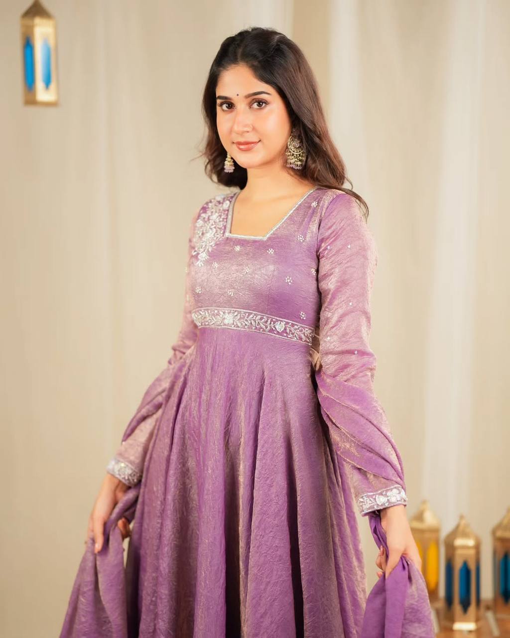"Elegant Heavy Goldcrush Silk Gown with Embroidery & Rivet Moti Work"