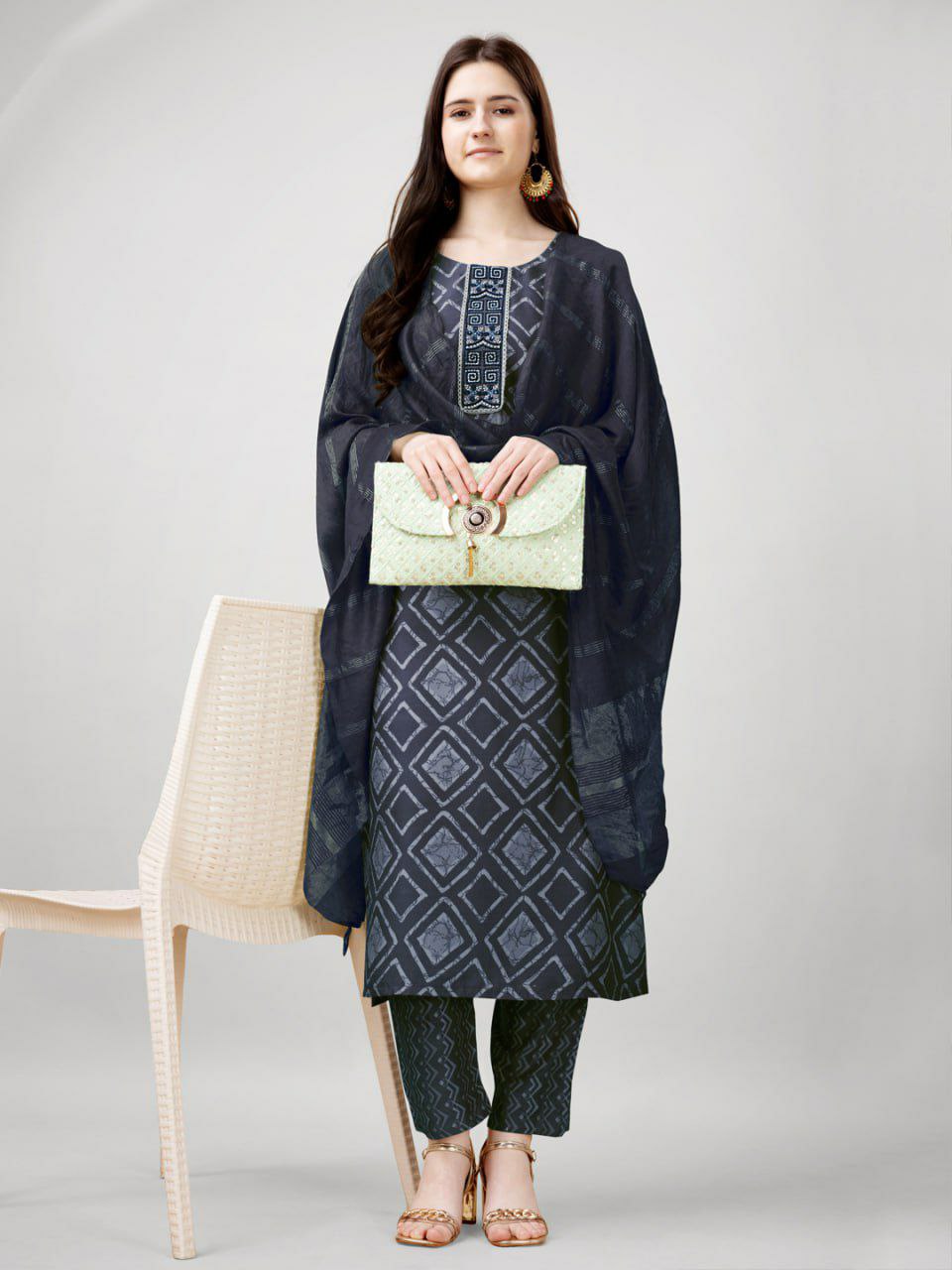 "Elegant Grey Rayon Kurti with Embroidery, Lace Details, Rayon Pants & Silk Blend Dupatta"
